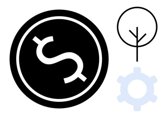 Dollar sign coin outlines economy, tree symbolizes nature, and gear represents industry. Ideal for sustainability, finance, industrial progress, environmental care, investment, eco-friendly