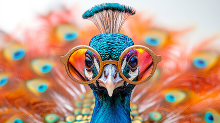Colorful peacock wearing stylish round sunglasses, combining vibrant plumage with quirky fashion for a humorous and eye-catching visual concept.
