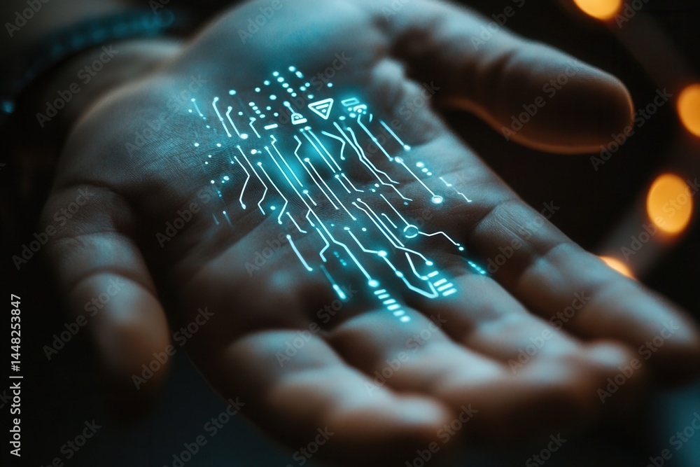 Poster futuristic hand displaying glowing circuit patterns against a blurred background of lights