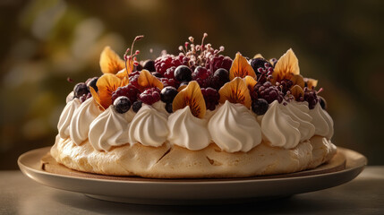Meringue cake Pavlova with fresh ripe raspberry, blackberry and blueberry, and whipped cream on Blur background.