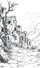 Obraz premium Black and white drawing of abandoned ruined buildings on rocky path with mountains in background