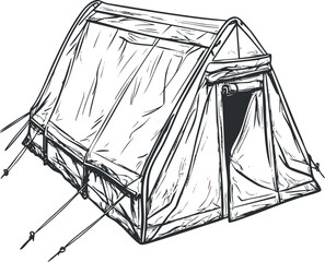 Hand-drawn sketch of a camping tent with ropes and poles for outdoor shelter and travel