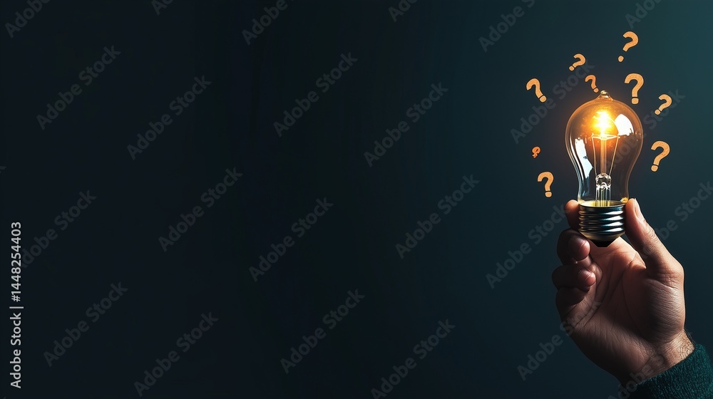 Poster a hand holding an illuminated light bulb with question marks floating around it, symbolizing the sea