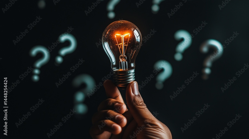 Poster a hand holding an illuminated light bulb with question marks floating around it, symbolizing the sea