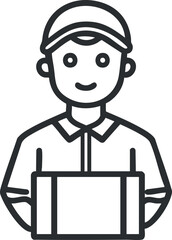 Obraz premium Line art illustration of a delivery courier holding a package with a smile on white background