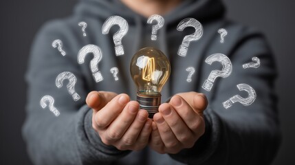 A person holding an illuminated light bulb with question marks floating around it, symbolizing the concept of thinking and idea generation in business and marketing. The background is dark to highlig