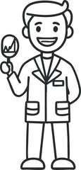 Illustration of a smiling male scientist in lab coat holding a magnifying glass with graph