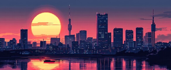 Sunset cityscape silhouette over tranquil waters