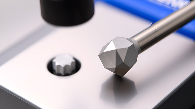 close up sample part and diamond head pin of hardness tester machine for inspection property hardness value of specimen material or product