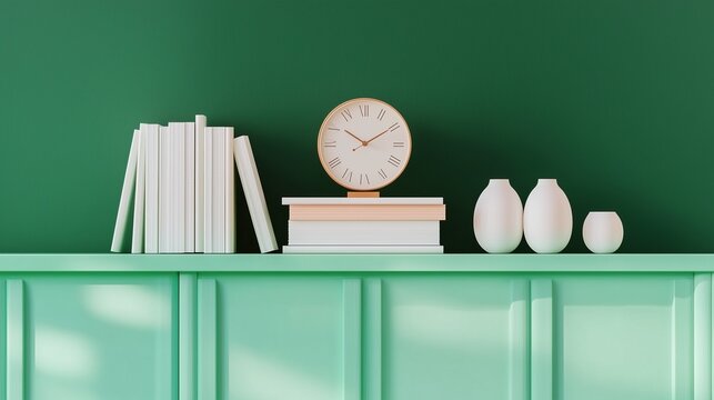A photo of an elegant, minimalist sideboard with three doors in a light green color, featuring some books and small white vases on top, and one clock placed between the panels. The background is a pl - Powered by Adobe