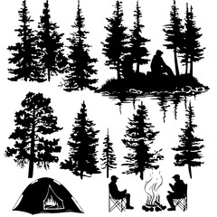 Fototapeta premium Camping Silhouette, Camp SVG, Tent Silhouette, Campfire SVG, Forest Silhouette, Mountains SVG, Adventure Clipart, Hiking Silhouette, Outdoor SVG, Wilderness SVG, Camping Clipart, Retro Camp SVG, Natur