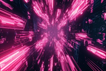 Obraz premium Abstract Pink Light Speed Data Stream Tunnel Visualisation for Digital Backgrounds