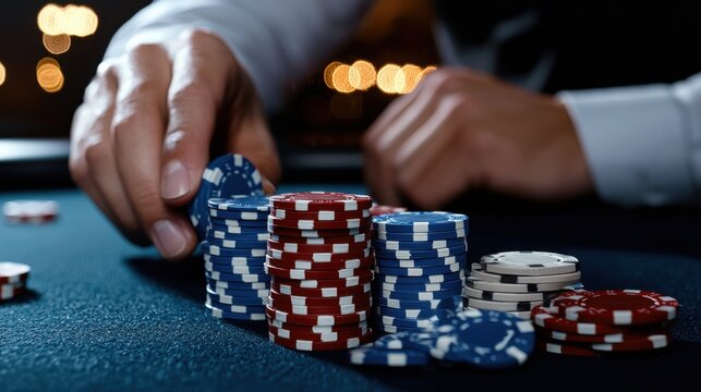 A man is playing poker with a pile of chips on a table. The chips are red, white, and blue