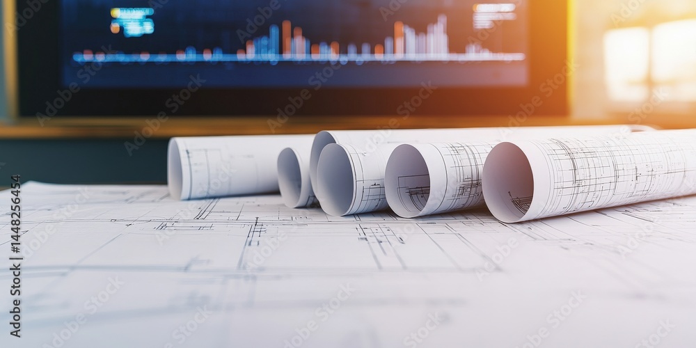 Aufkleber construction infrastructure highway blueprint concept. blueprints on a table with a digital screen i