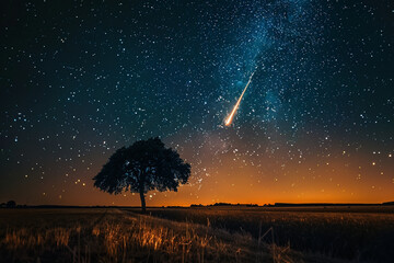 Majestic shooting star illuminates tranquil countryside with breathtaking ethereal night scenery, creating the celestial spectacle that leaves viewers in awe  