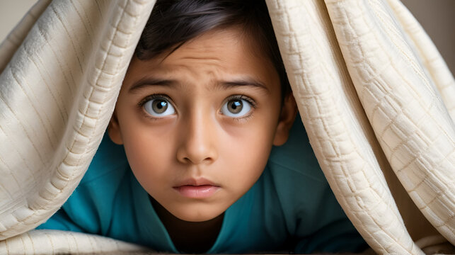 A young child hiding under a blanket, peering out with wide, fearful eyes - Powered by Adobe