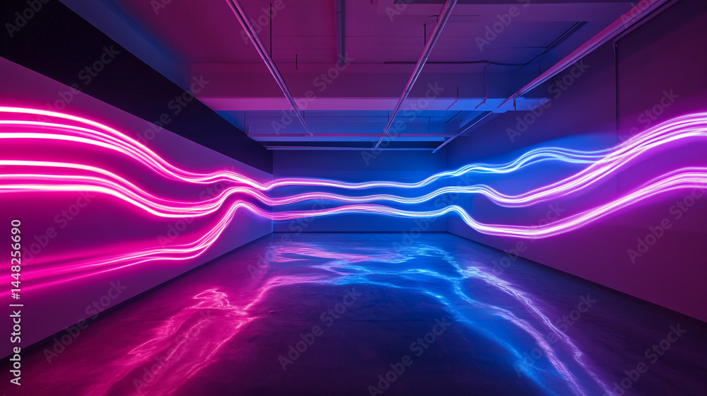 Poster Abstract neon light waves illuminate a dark room, creating a dynamic and energetic atmosphere, showcasing vibrant pink and blue hues, ideal for modern design projects