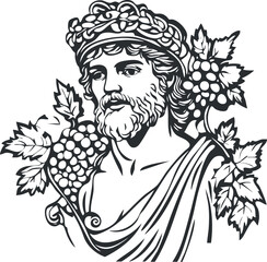 Black and white illustration of Bacchus god with grapevine crown holding bunches of grapes