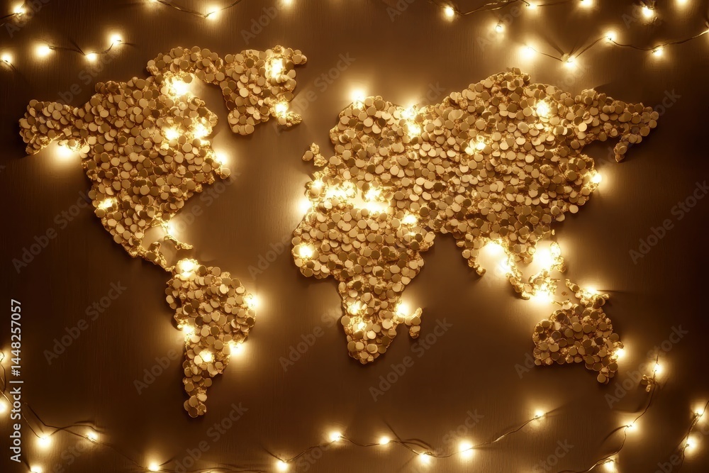 Poster world map created with golden sequins and illuminated by string of fairy lights on a wall