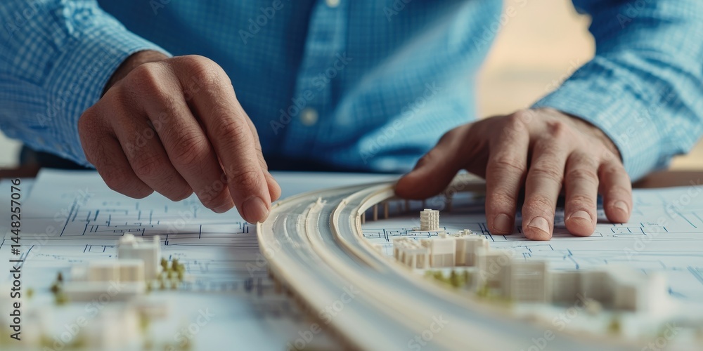 Poster construction infrastructure highway blueprint concept. model of a city being designed by a person us