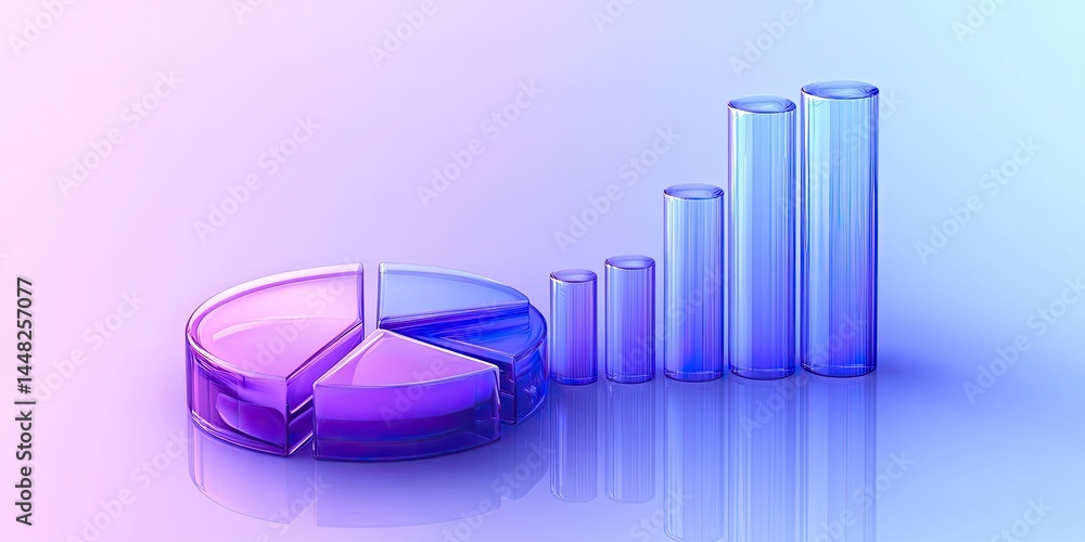 Poster shiny glass pie chart with column graphs reflecting growth on gradient background