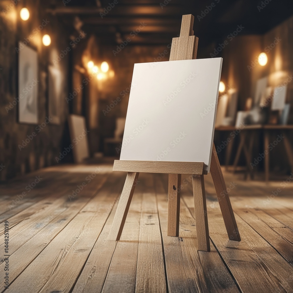 Aufkleber blank canvas on easel in gallery space ready for art creation and creative expression