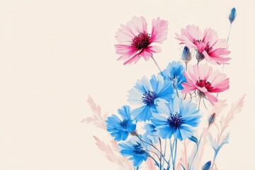 Obraz premium Delicate bouquet of pink and blue flowers against a soft background.