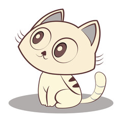 A cute cartoon kitten vector illustration shows a funny feline pet with a smile and tail, sitting like a domestic animal character