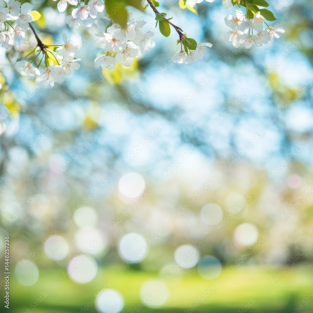 Aufkleber serene spring blossom scene with soft bokeh and bright sky creating a peaceful backdrop
