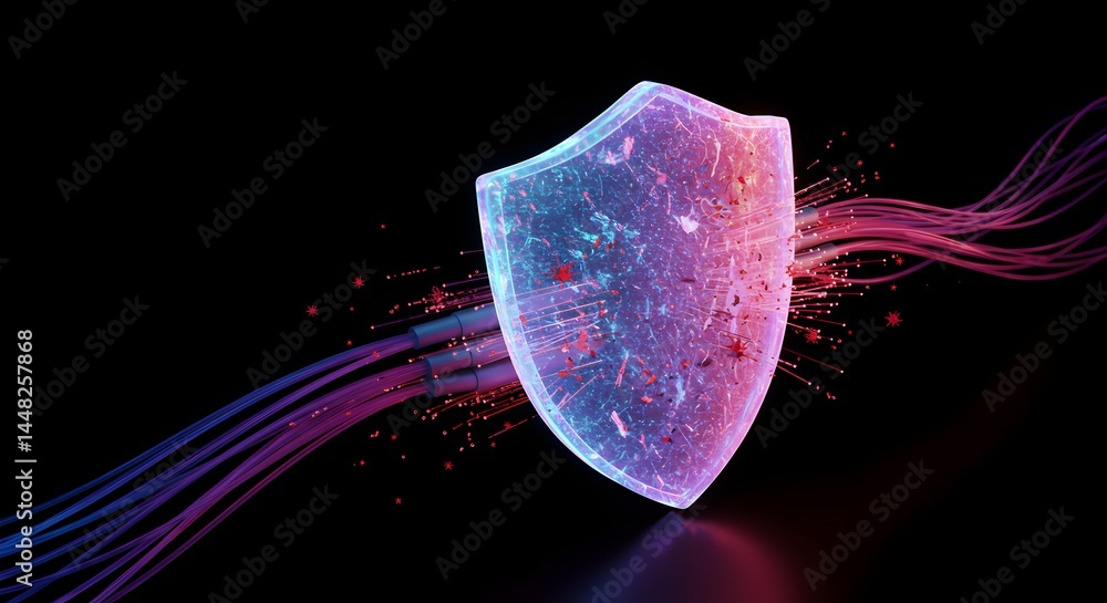 Poster neon shield: protecting data in a cyber world with vibrant cybersecurity
