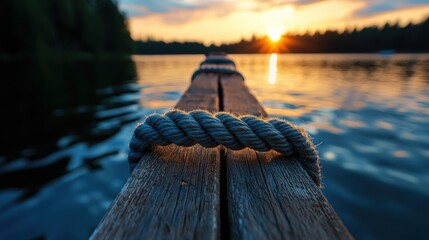 Naklejka premium A rope is tied to a wooden post in the water. The rope is tied to the post in a way that it is not visible. The water is calm and the sun is setting