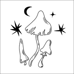 Mystical Mushrooms, Boho Psychedelic Line Art Illustration