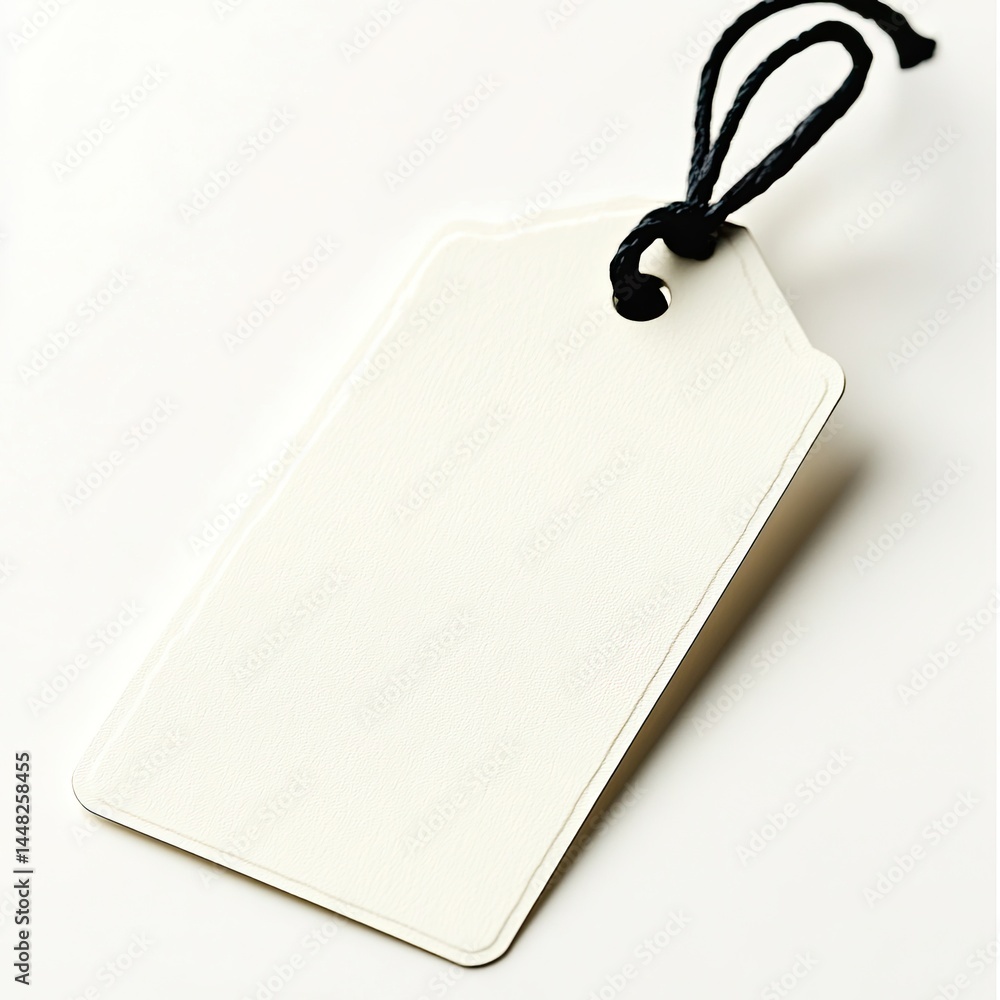 Poster simple blank beige tag with black cord loop against a plain white background