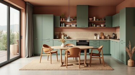 Fototapeta premium Spacious kitchen with matte calm green cabinets, wooden dining set, soft clay decor, diffused daylight