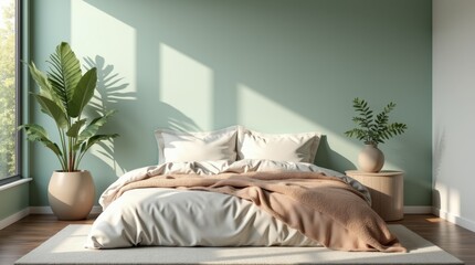 Modern bedroom with iced coffee bedding, dusty mint accent wall, minimalist decor, morning window light
