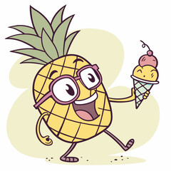 Cool Pineapple Wearing Glasses Holding Ice Cream &ndash; Fun Tropical Fruit Cartoon Vector Design