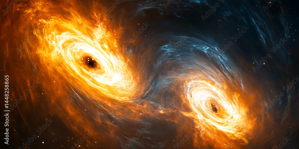 Poster swirling orange and blue nebulae, cosmic dust and gas form two vortexes, a dynamic display of celest