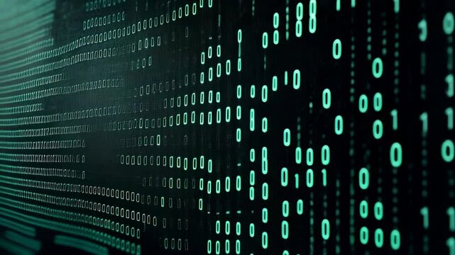 Abstract visual of streaming binary code with ones and zeros in dynamic wavy arrangement for digital tech or cybersecurity concept