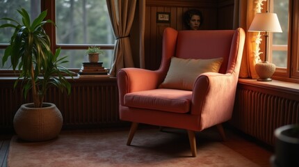 Cozy lounge corner: soft coral armchair, table lamp, muted clay rug, dim evening light

