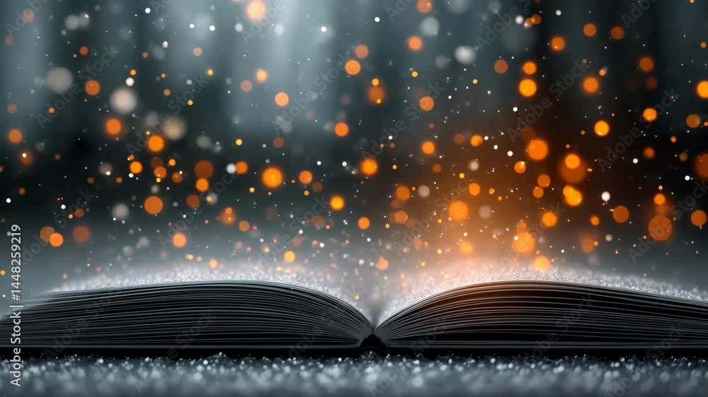 Poster open book with glittering light particles floating in air creating mystical story magic and fairy ta