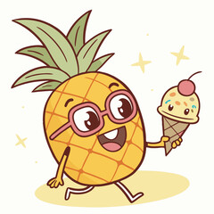 Cool Pineapple Wearing Glasses Holding Ice Cream – Fun Tropical Fruit Cartoon Vector Design
