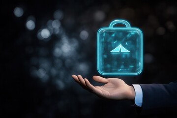 Futuristic hand presenting a glowing suitcase icon against a blurred dark background