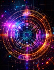 Obraz premium An abstract technology background featuring luminous circles and vibrant dots, creating a dynamic and futuristic atmosphere with a sense of depth and movement.