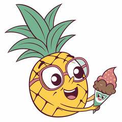 Cool Pineapple Wearing Glasses Holding Ice Cream – Fun Tropical Fruit Cartoon Vector Design