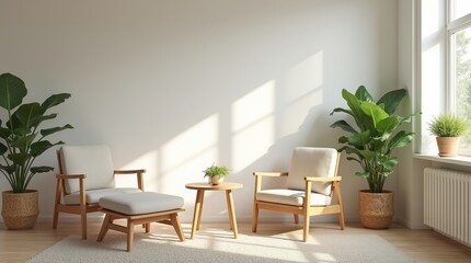 Fototapeta premium Bright room with light wood furniture, natural linen-colored walls, herb planters, soft textiles, large window 