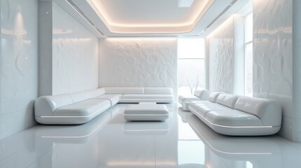 Room with white glossy panels, futuristic-shaped furniture, accent neon lighting, clean space
