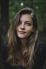 Obraz premium A portrait of a young woman with long hair and captivating blue eyes smiles at the camera.