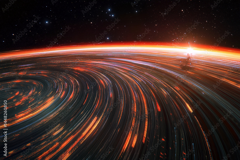 Poster swirling orange and red light trails over dark space, creating a dynamic, cosmic scene. represents e