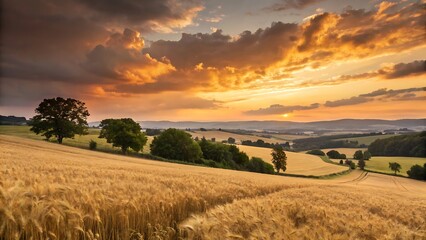 Golden Wheat Field at Sunset with Dramatic Clouds and Rolling Hills