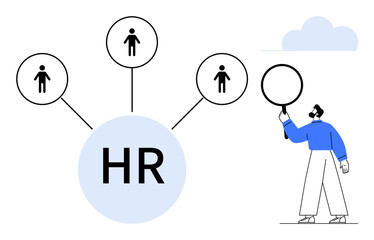 HR labeled circle connected to user icons, illustrating employee management. Blue-clad figure holding magnifying glass highlights connection. Ideal for HR tools, team building, recruitment